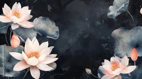 Fototapeta Naklejka Na Ścianę i Meble -  watercolor drawing of water-lily on dark backdrop. painting flowers background. illustration floral nature.  flower wallpaper for greeting cards, weddings or birthdays. Copy space. space for text