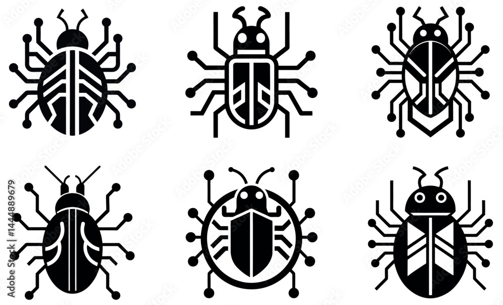 Fototapeta premium Cyber Bug Vector Icons Set – Tech Insect Symbols for Malware, Circuitry, Security