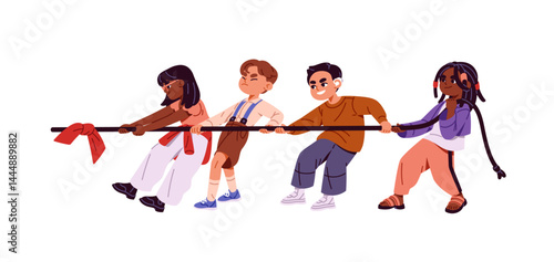Happy children are tug of war. Team with kid with disability competes, efforts, works together. Group of diverse girls and boys pulls rope in teamwork. Flat isolated vector illustration on white
