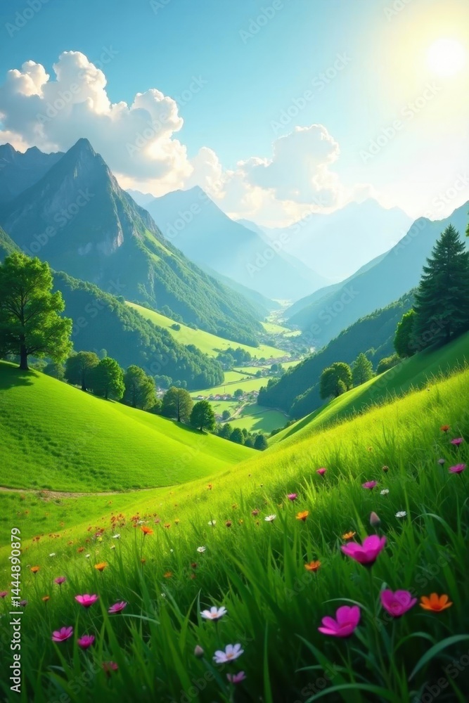 Fototapeta premium Vibrant green hills, lush meadows, sunlit valley , marvelous, bright