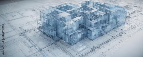 Abstract architectural blueprint with blue photographic tint, faded edges , overlay, construction, technical