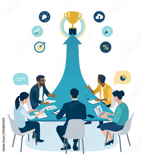 Trophy. Goal. Business Strategy. Successful business plan. Business vector illustration.
