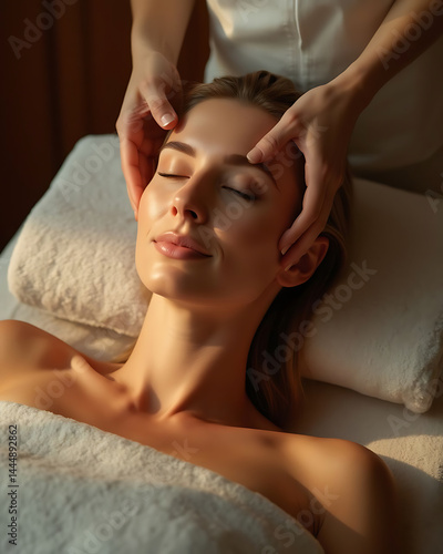 Young caucasian female enjoying a relaxing head massage.