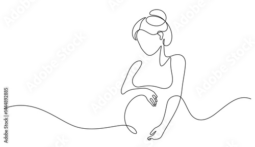 pregnant woman hair bun line art continuous. mother touching belly hand drawn decorative minimalism vector illustration