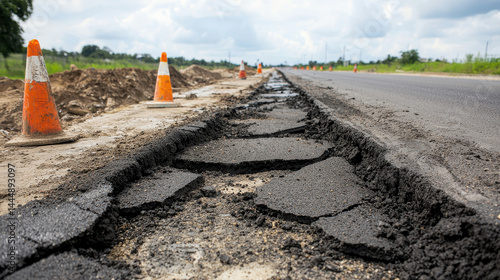Road widening project in progress with cracked asphalt and traffic cones