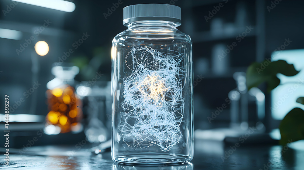 A transparent jar containing a glowing substance evoking scientific discovery. Suggests research into new materials or life forms. A transparent jar containing a glowing substance evoking scientific discovery. Suggests research into new materials or life forms.