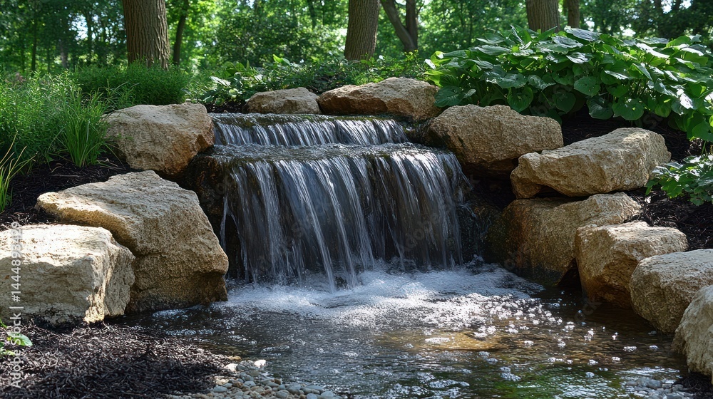 Naklejka premium Small cascading waterfall in a landscaped garden