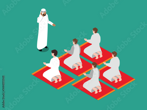 Isometric Islamic Prayer Congregation Led by Imam