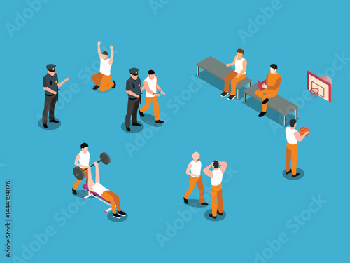 Isometric Prison Interior Scene with Inmates and Guards