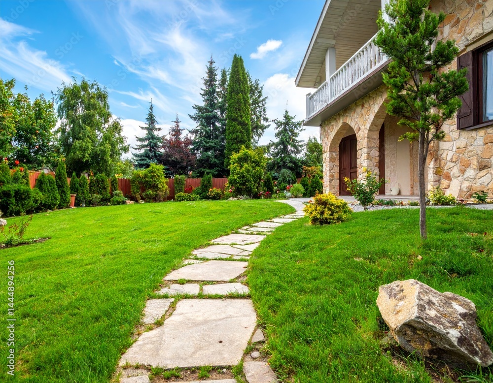 Stone path leads to country house with rich green lawn, Landscaping design with natural stones Stone path leads to country house with rich green lawn, Landscaping design with natural stones