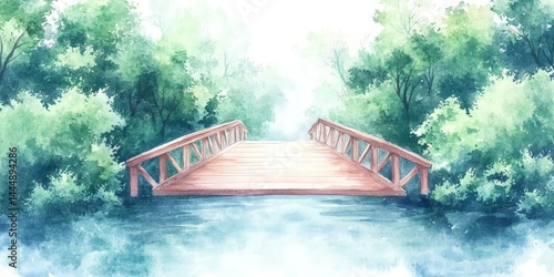Obraz na płótnie Tranquil Wooden Bridge Over River in Lush Green Forest Watercolor Painting w salonie