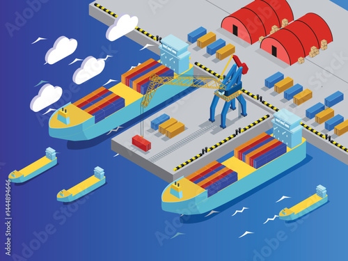 sometric Cargo Port with Ships and Containers