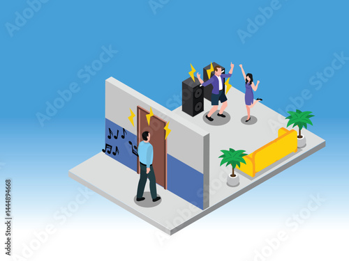 Isometric Loud Party Disturbing Neighbor Concept