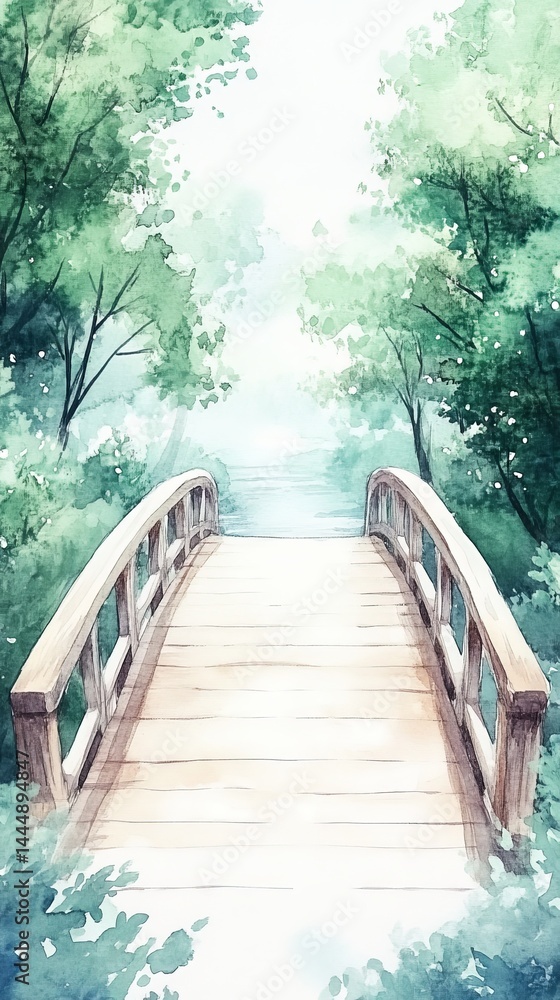 Tranquil Wooden Bridge Over River in Lush Green Forest Watercolor Painting