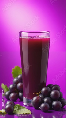 Wallpaper Mural A tall glass of purple grape juice sits on a reflective surface, surrounded by clusters of fresh black grapes and green leaves, with a vibrant purple background. Torontodigital.ca