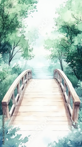 Obraz na płótnie Tranquil Wooden Bridge Over River in Lush Green Forest Watercolor Painting w salonie