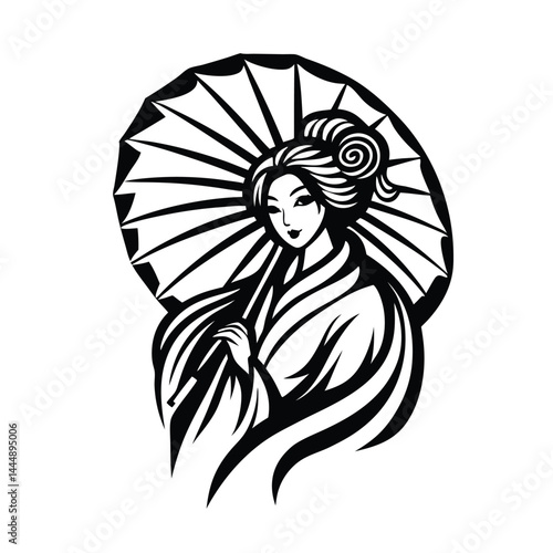 Silhouette of Asian Woman Holding Umbrella, Traditional Hairstyle, Geisha Style, Black