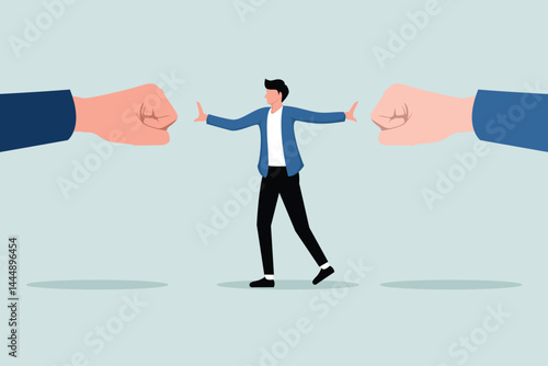 Conflict management, leadership skills to compromise and solve arguments, negotiation or the concept of stopping a fight, business leaders stand in the middle to stop a conflict-filled fight.