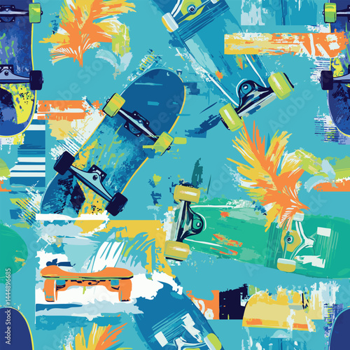 skateboard pattern. Seamless bright abstract pattern with skateboard. Prints for T-shirts, textiles, clothes, sports, and more