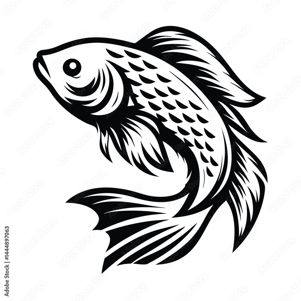 Koi Fish Elegant Black and White Design of a Swimming Fish Koi Fish Elegant Black and White Design of a Swimming Fish
