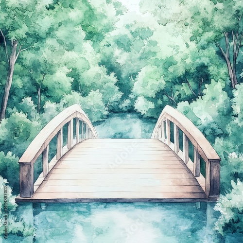 Tranquil Wooden Bridge Over River in Lush Green Forest Watercolor Painting