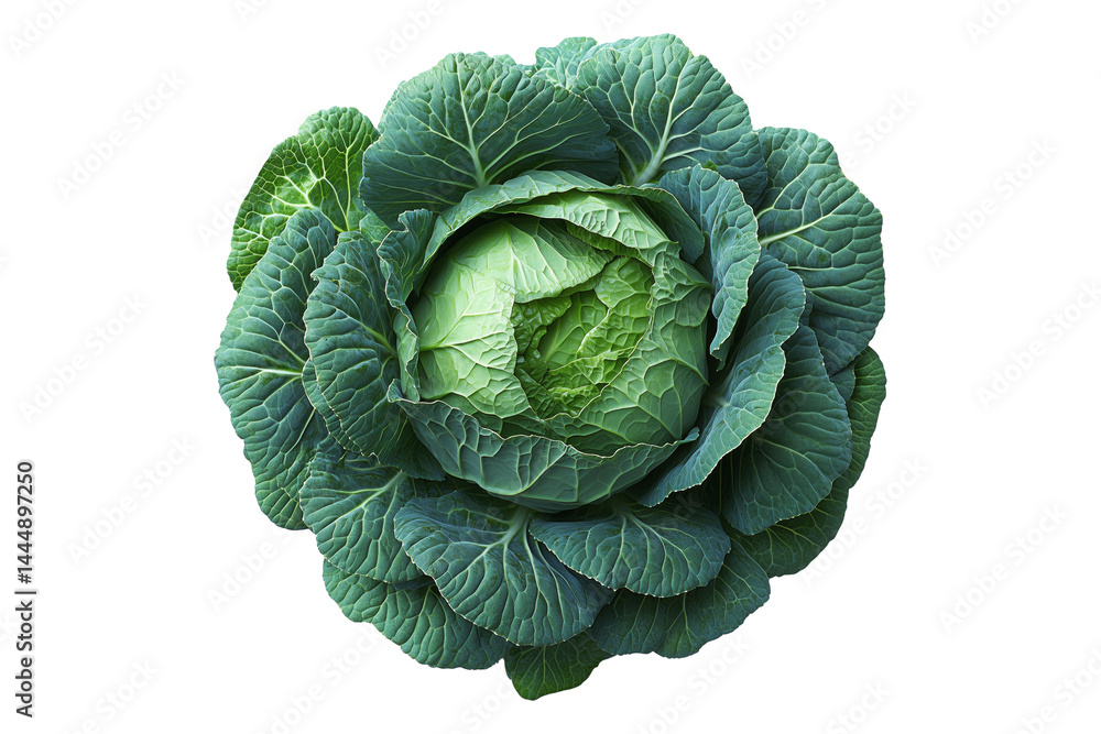 Obraz premium Whole green cabbage with vibrant outer leaves isolated on a transparent background. Fresh and organic vegetable concept, healthy food ingredient