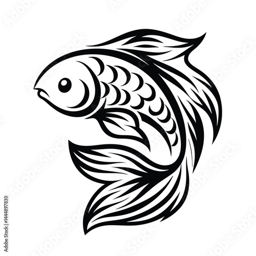 Decorative Monochrome of Swimming Fish with Stylized Fins and Scales