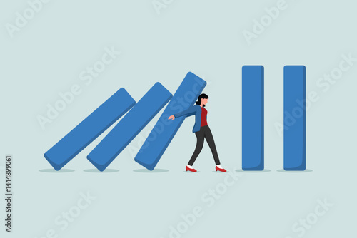 Business crisis management, risk protection, insurance or help and support company avoiding dominos effect in economic crisis concept, confidence businesswoman help stop or protect collapsing dominos.