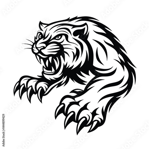 Fotografia Black and White Aggressive Tiger Illustration, Fangs, Claws, Angry Wild Cat,
