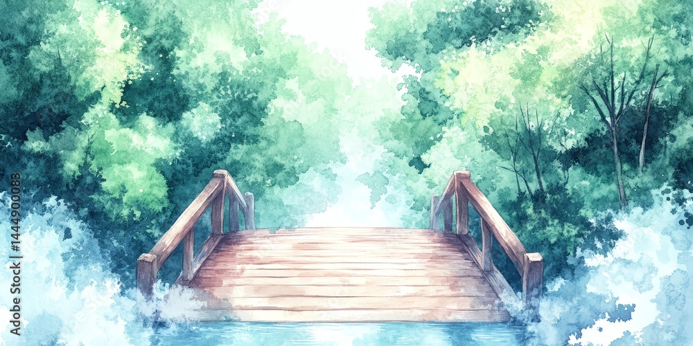 Tranquil Wooden Bridge Over River in Lush Green Forest Watercolor Painting
