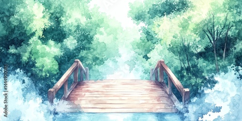 Obraz na płótnie Tranquil Wooden Bridge Over River in Lush Green Forest Watercolor Painting w salonie