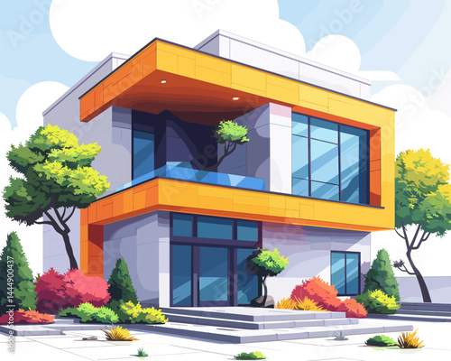 Illustration of a modern cozy house with garage for sale or rent.