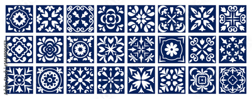 Blue ornaments in mediterranean ceramic style. Sicilian, Portuguese, Spanish tile traditional design, porcelain pottery. Mosaic. Vector isolated on white background