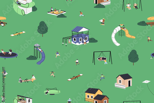 Repeatable pattern of kids having fun with on slides, swings in park, outdoors. Endless background with children playing in sandbox, running in garden, kindergarten. Flat seamless vector illustration