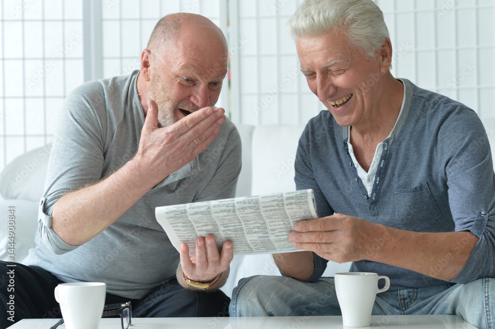 Two old men sitting at table and discussing news