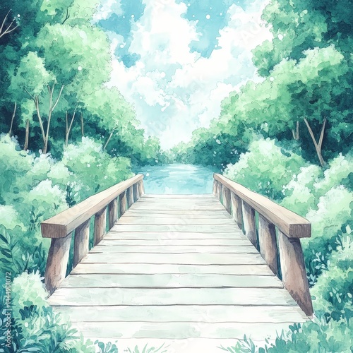 Obraz na płótnie Tranquil Wooden Bridge Over River in Lush Green Forest Watercolor Painting w salonie