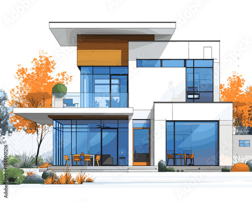 Illustration of a modern cozy house with garage for sale or rent