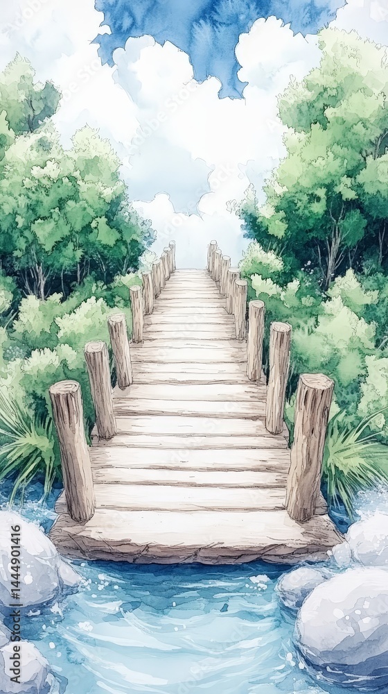 Tranquil Wooden Bridge Over River in Lush Green Forest Watercolor Painting