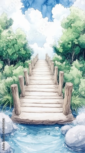 Obraz na płótnie Tranquil Wooden Bridge Over River in Lush Green Forest Watercolor Painting w salonie