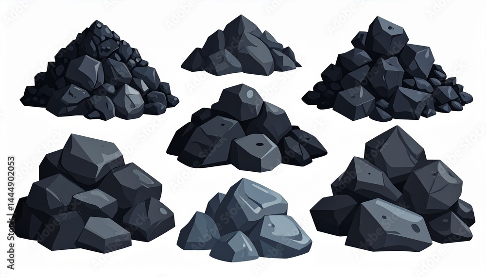Naklejka premium Collection of Dark Grey Coal Rocks Pile Illustration for Game Design and Industrial Use
