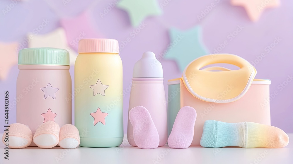 Pastel Baby Bottles Bib and Socks Flatlay Pastel Baby Bottles Bib and Socks Flatlay