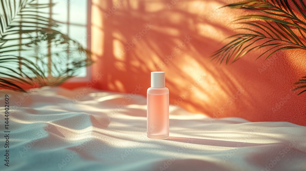 sun cream bottle standing upright on sandy beach with ocean waves in background, summer skincare concept sun cream bottle standing upright on sandy beach with ocean waves in background, summer skincare concept