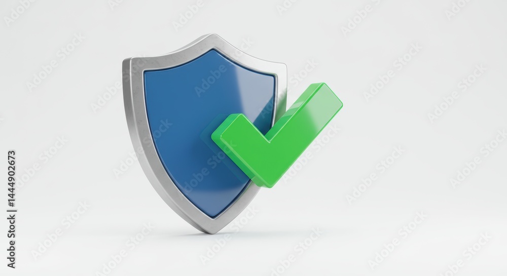 3D render, shield icon, checkmark symbol, security approved visual, protection confirmed, verified safety graphic 3D render, shield icon, checkmark symbol, security approved visual, protection confirmed, verified safety graphic