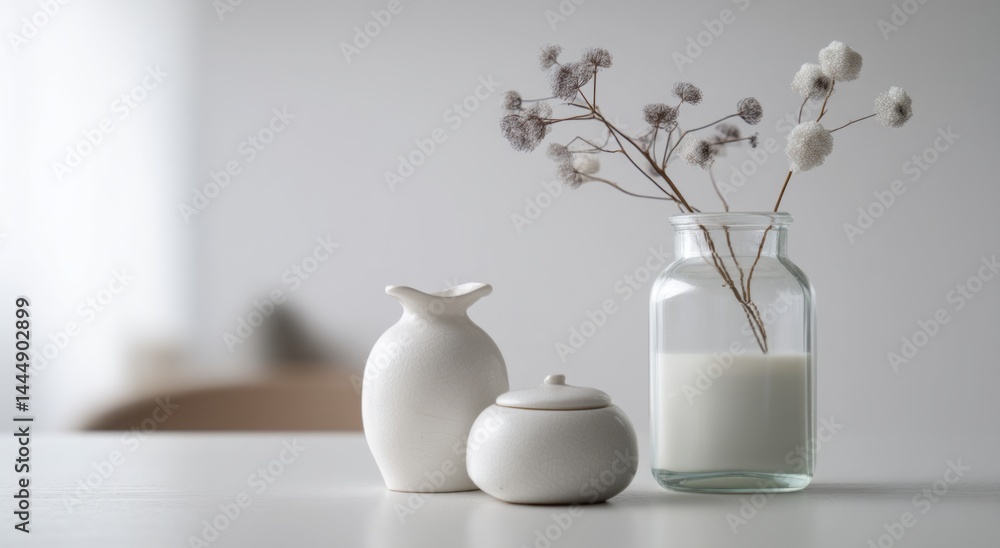 Minimalist home decor featuring white vases and delicate floral arrangement Minimalist home decor featuring white vases and delicate floral arrangement
