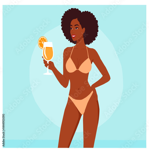 Vector illustration of an African American woman enjoying a cocktail on a sunny beach day on vacation