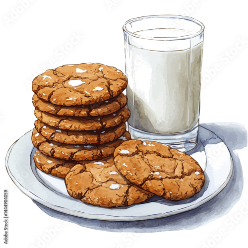 illustration of Christmas Cookie Plate With Milk, watercolor vector, isolated on a white background.