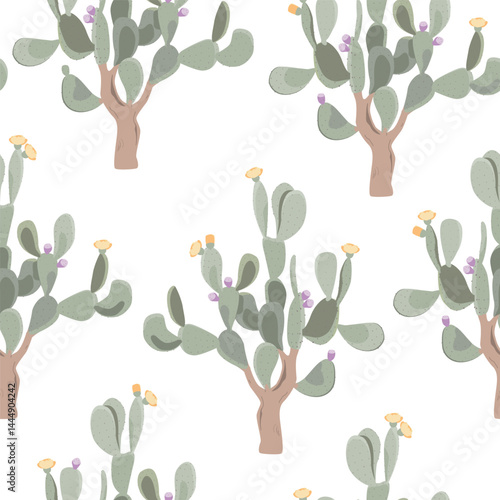 Potted agave and prickly pear cactus seamless pattern. Mediterranean garden. Potted houseplants for dry climate. Vector isolated illustration.