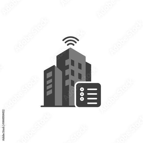 Smart Building Management: Icon of a modern building with a wifi signal and a data list, symbolizing smart building technology and efficient management.