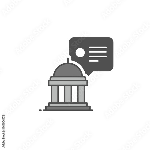Law and Communication: An iconic illustration of a government building with a speech bubble conveys a sense of dialogue and official communication.