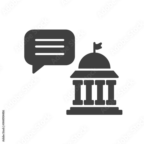 Governmental Discourse: A monochrome emblem juxtaposes a classical building with a speech bubble, symbolizing dialogue in the context of law and governance.
